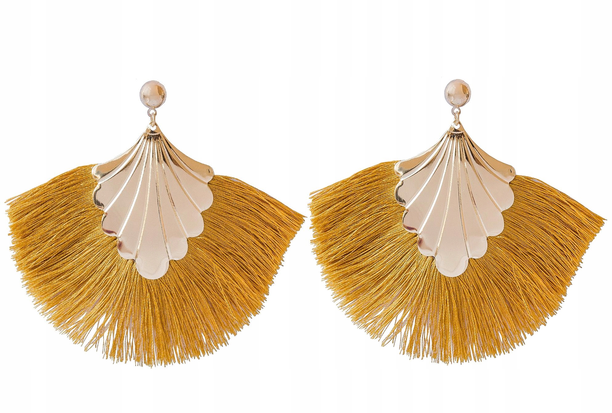 

Kolczyki sztyfty duże żółte liść wachlarz frędzle