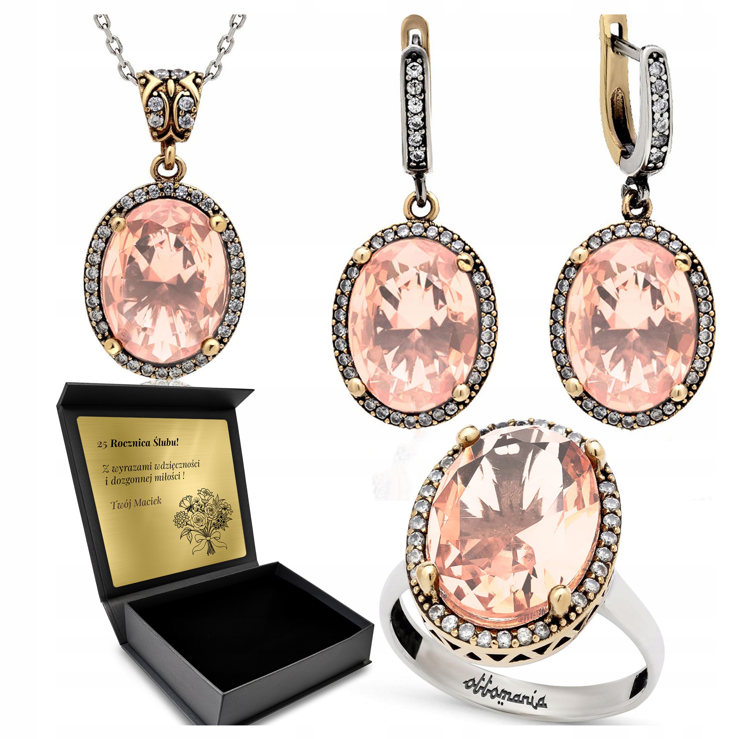 Komplet Stříbrných Šperků 925 Zirkony Morganit Dárek pro ženu Gravírování