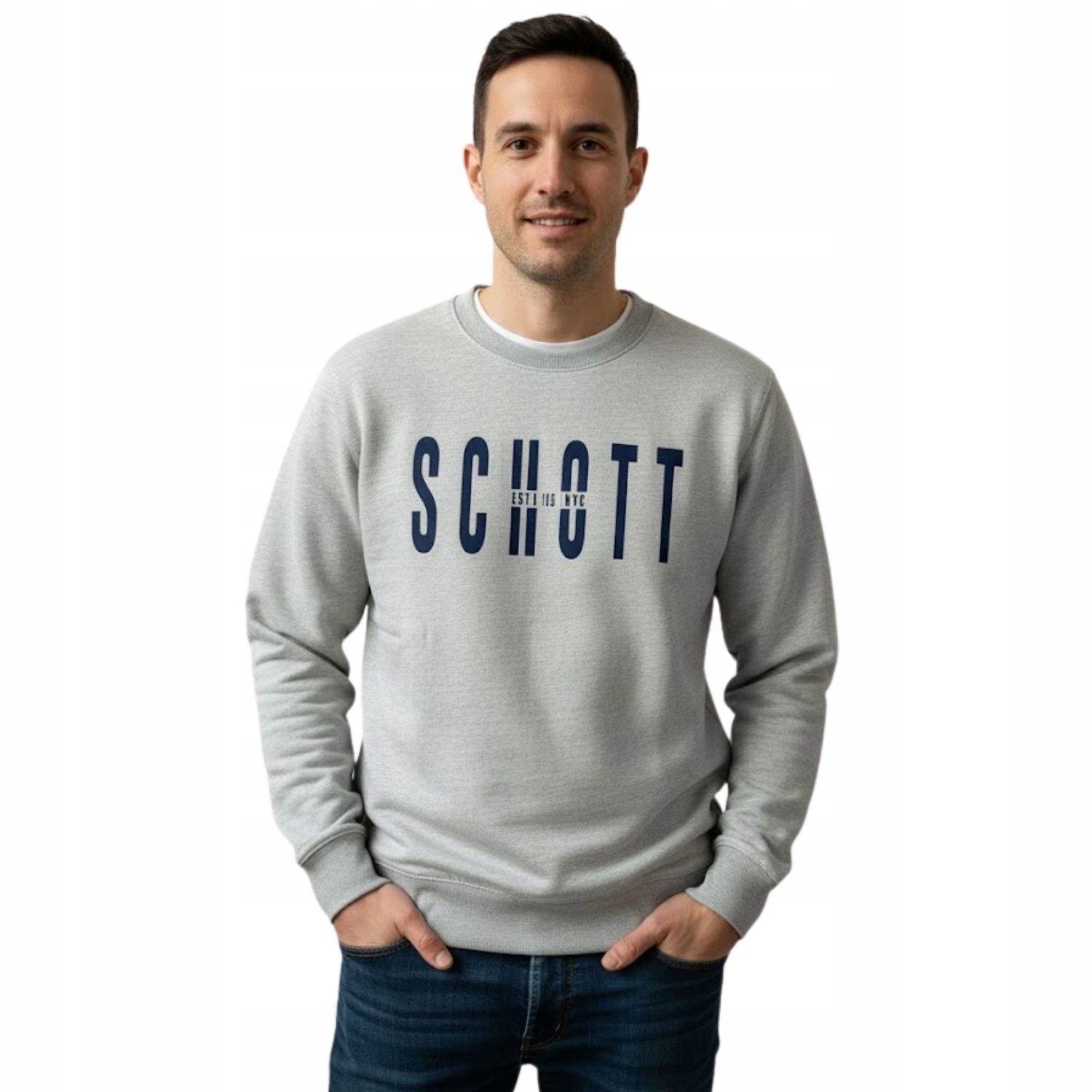 Pánská mikina Schott šedá sportovní s potiskem a dlouhým rukávem, klasická, velikost S