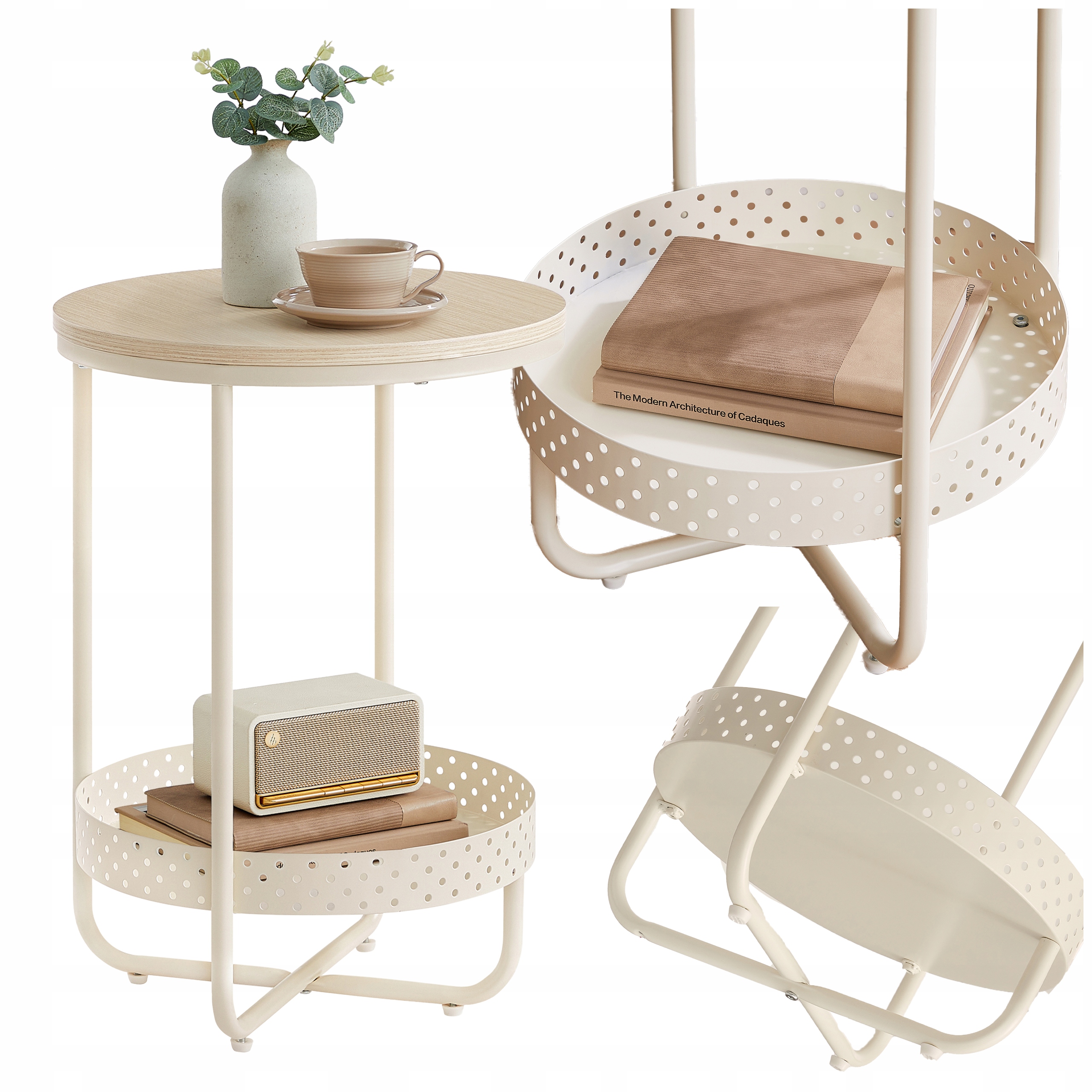 Okrúhly Konferenčný Stolík Nočný stolík béžový s poličkou do obývacej izby spálne Okrúhla lavica