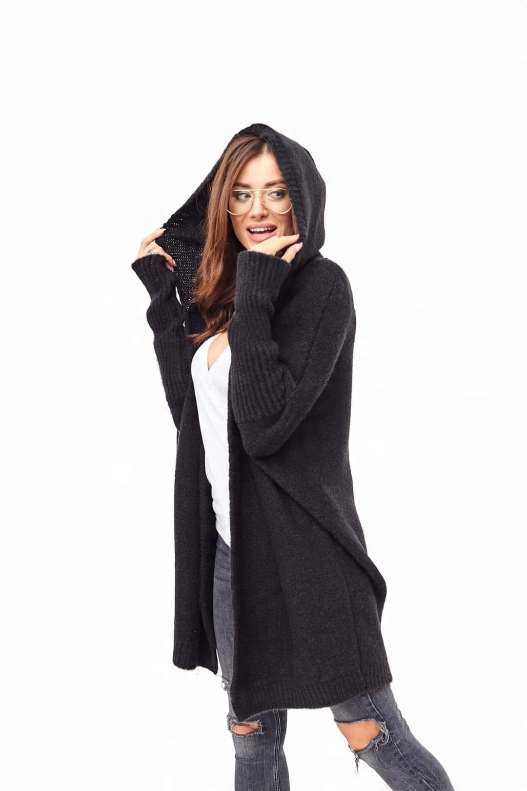 

Czarny kardigan z kapturem oversize Me Gusta