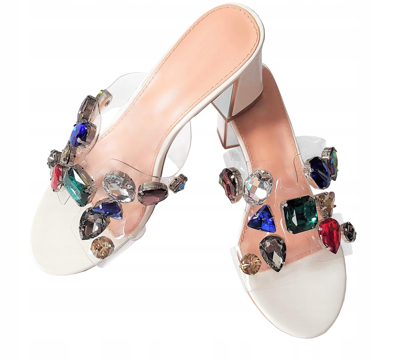 BIAŁE TRANSPARENTNE KLAPKI KRYSZTAŁY SŁUPEK 38