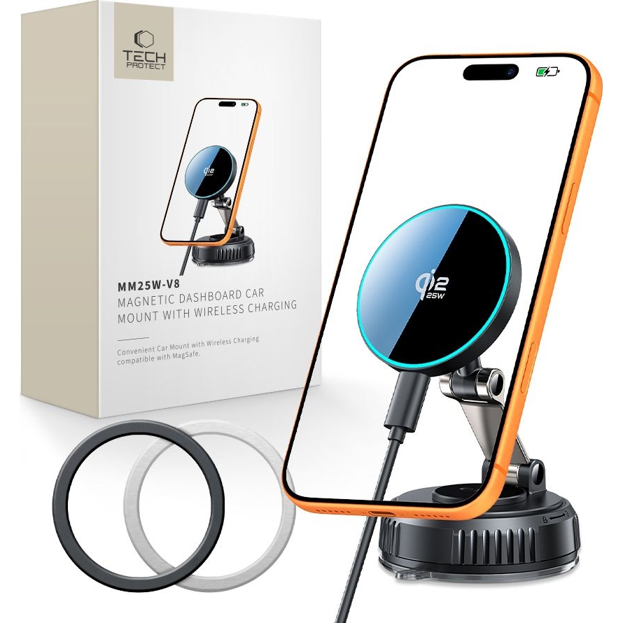 Uchwyt samochodowy z ładowarką Qi2.2 25W z przyssawką kabel, Tech-Protect