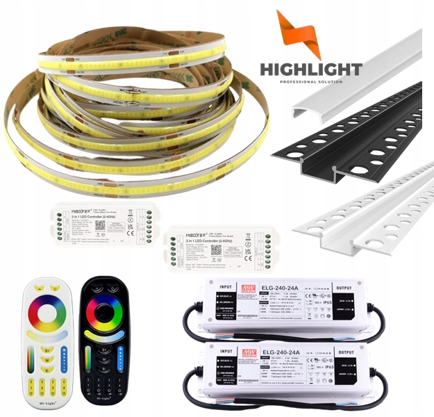 40 m Sada Fasádová Led páska Cob MoNo 10W 24V IP65 Profil Biela/Čierna