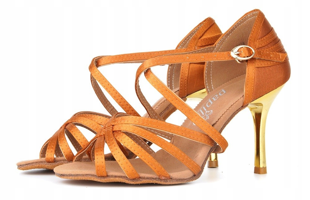 Buty Do Tańca Taneczne Brązowe Złoty Obcas 8,5cm