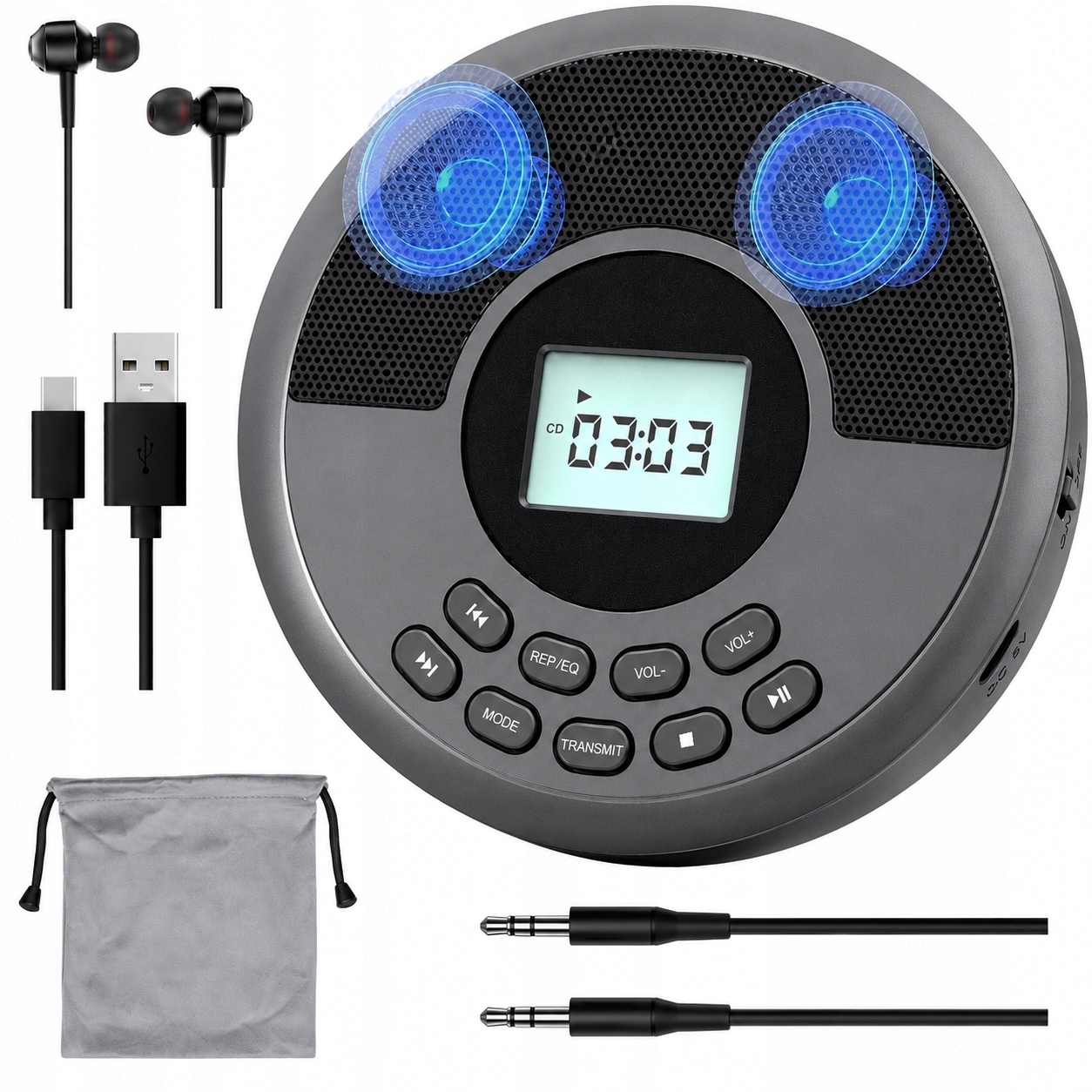 Discman Bluetooth MP3 Přehrávač – Přenosný, Aux, Stříbrný