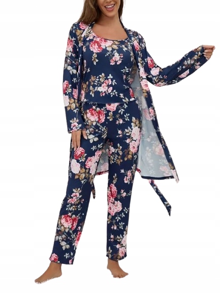 Elegantní 3-DÍLNÝ Komplet Župan Pyžamo Romantické Květiny M