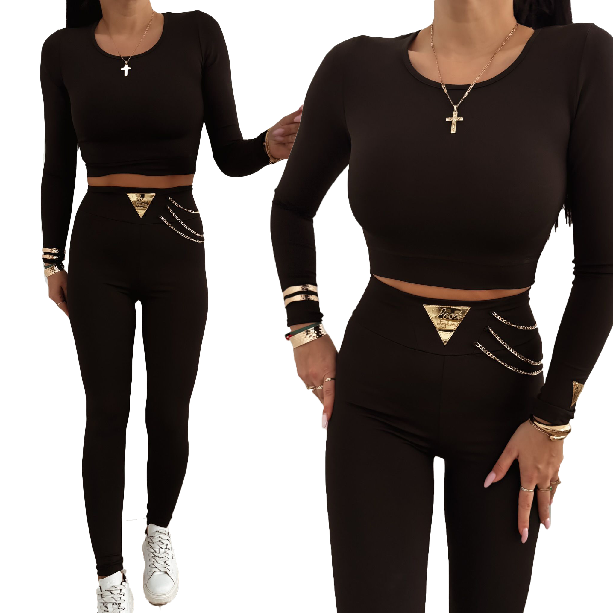 Černé legíny s řetízky a zlatým logem Loox Fashion 2026 L