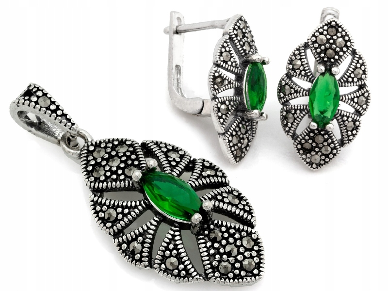 Stříbrný ažurový komplet 925 s markýzami a zelenými zirkony jako dárek