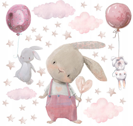 WALL STICKERS PINK RABBITS BALLOONS