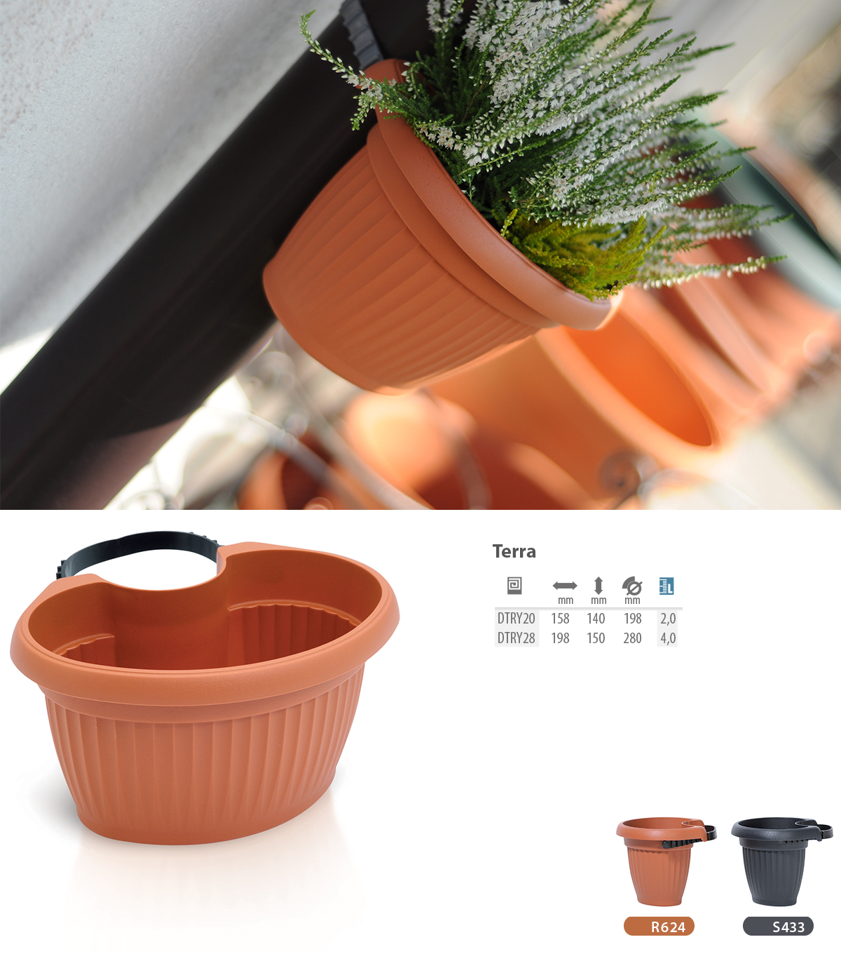 DONICZKA DONICA NA RYNNE RURĘ SPUSTOWĄ TERRA DTRY28 dł.28cm 4L ANTRACYT Kod producenta DTRY28