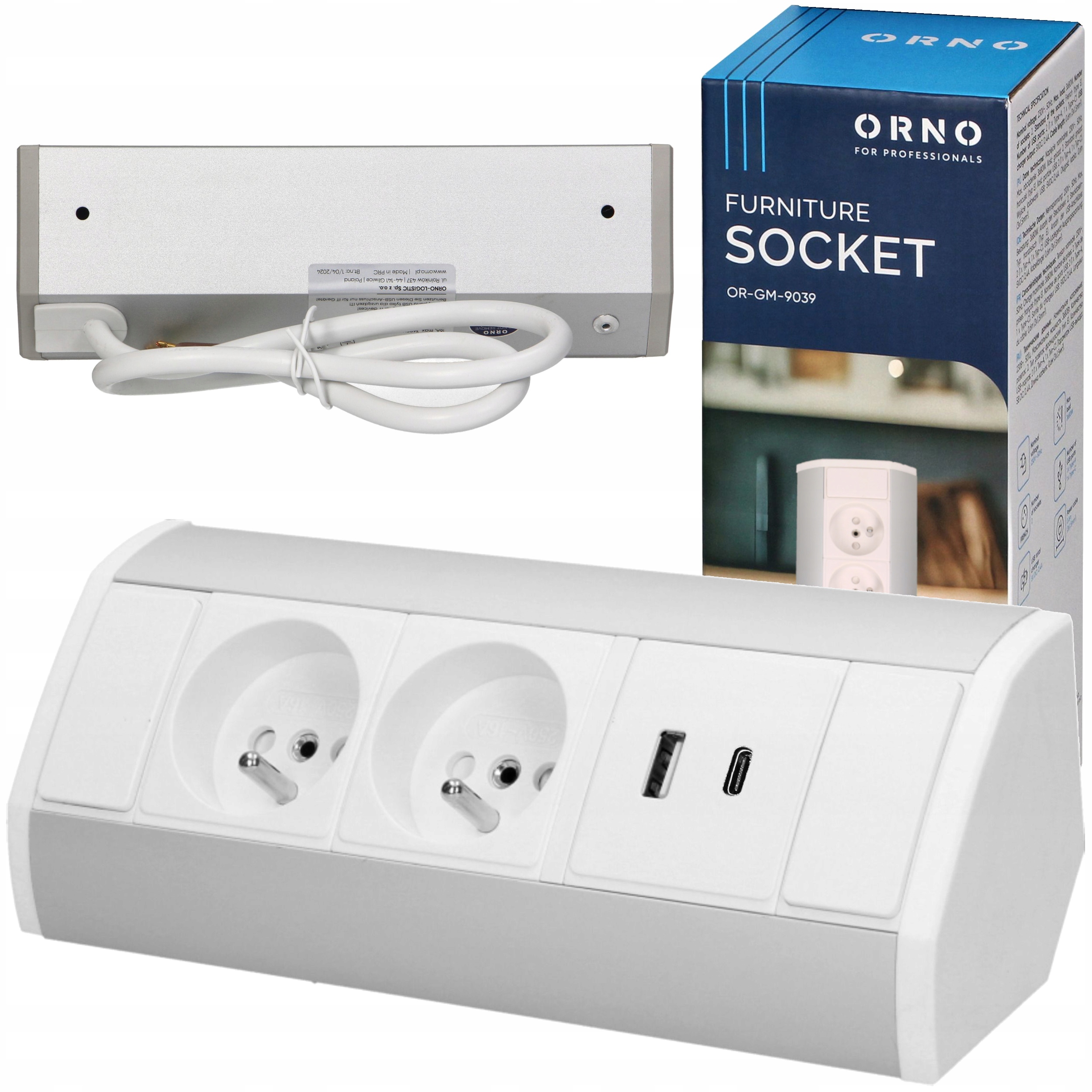 Gniazdo Potrójne Nablatowe Ładowarka Usb-a Usb-c Narożne Kabel 0,6m Białe