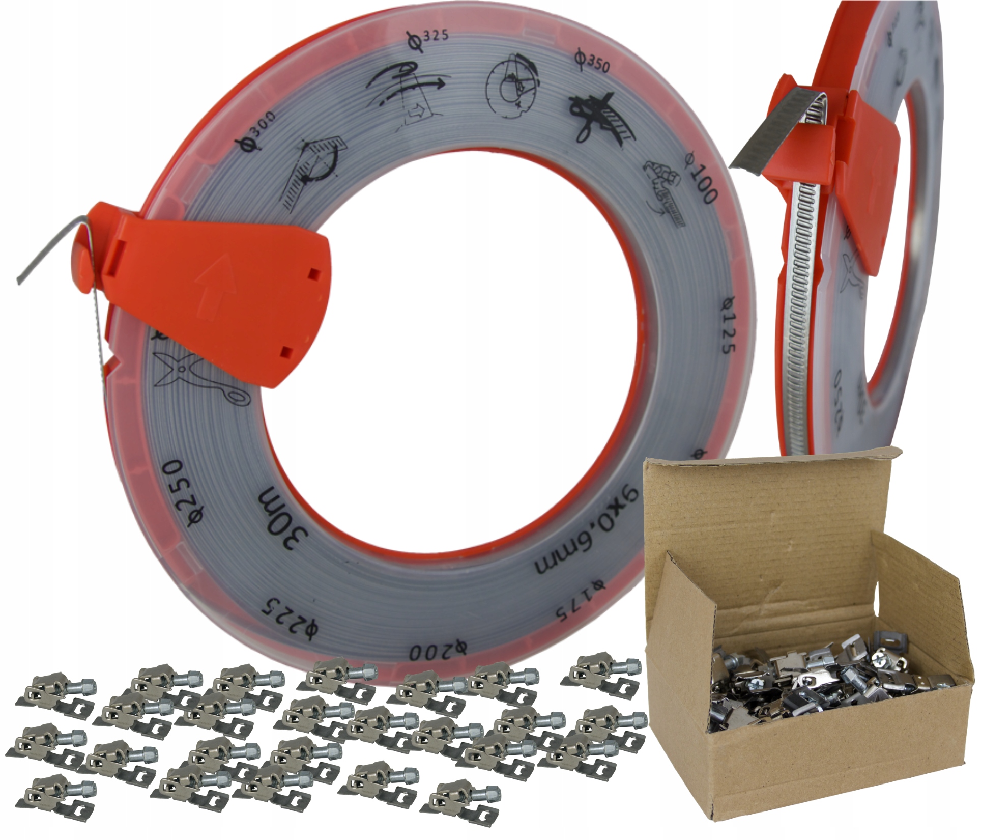 TAŚMA STALOWA NIERDZEWNA 9x0,6mm / 30mb NA OPASKI CYBANTY + ZAMKI 50 szt.