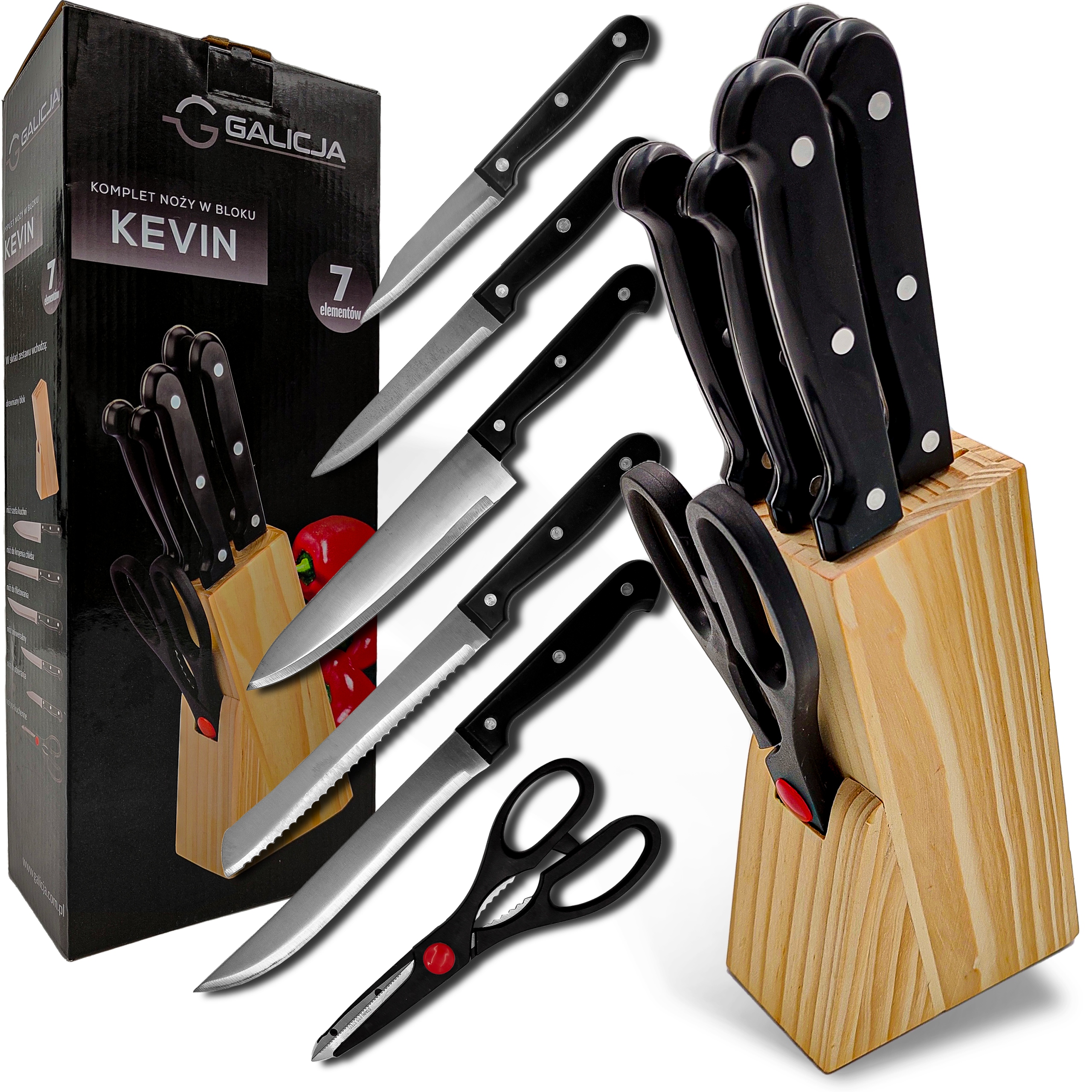 

Komplet Ostrych Noży Kuchennych w Drewnianym Bloku