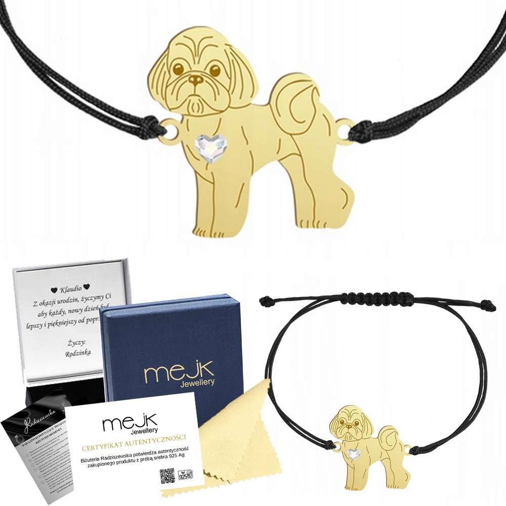 Zlatý náramek s Shih Tzu 925 Dárek Šperky Žena Gravírování Bonus