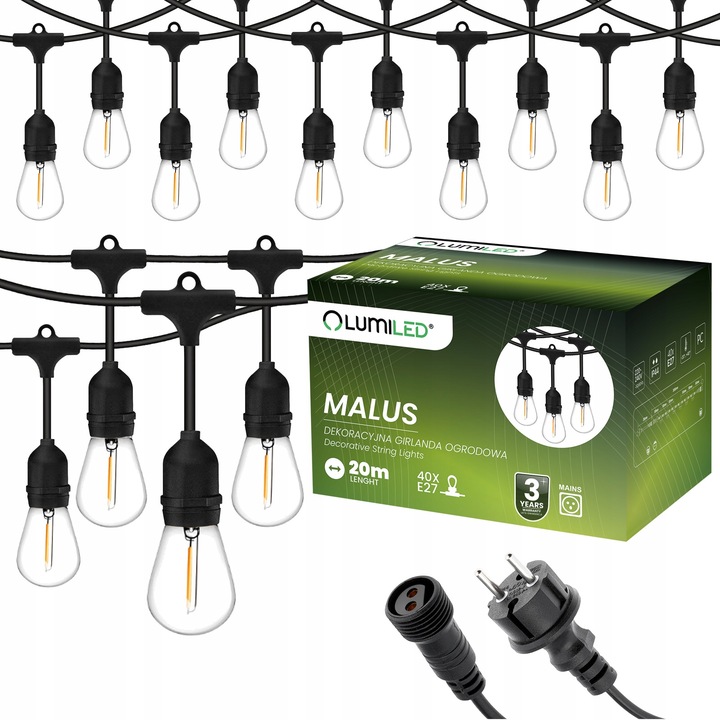 Vonkajšia záhradná girlanda Reťaz Žiarovka Filament 20 m 40x E27 Premium