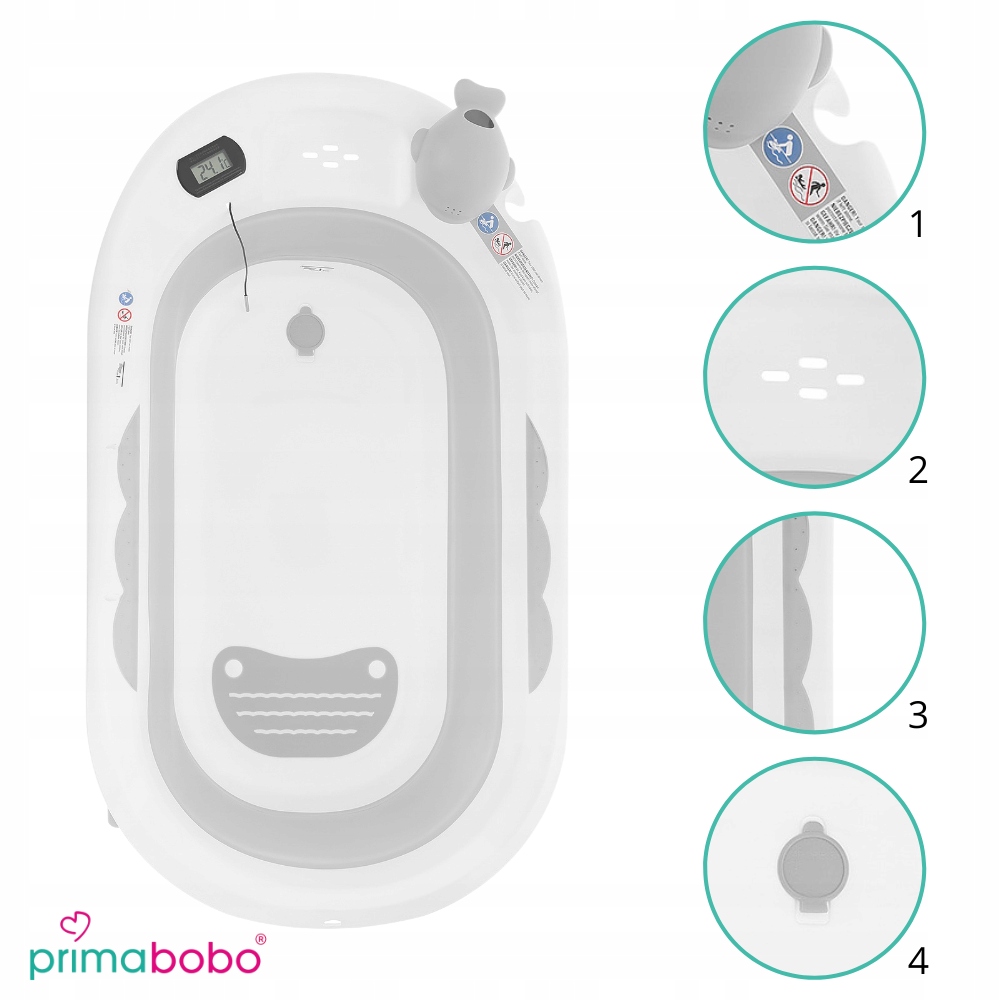 WANIENKA SKŁADANA OLA PRIMABOBO z termometrem DUŻA WANNA dla dziecka Kolor Odcienie szarości i srebra