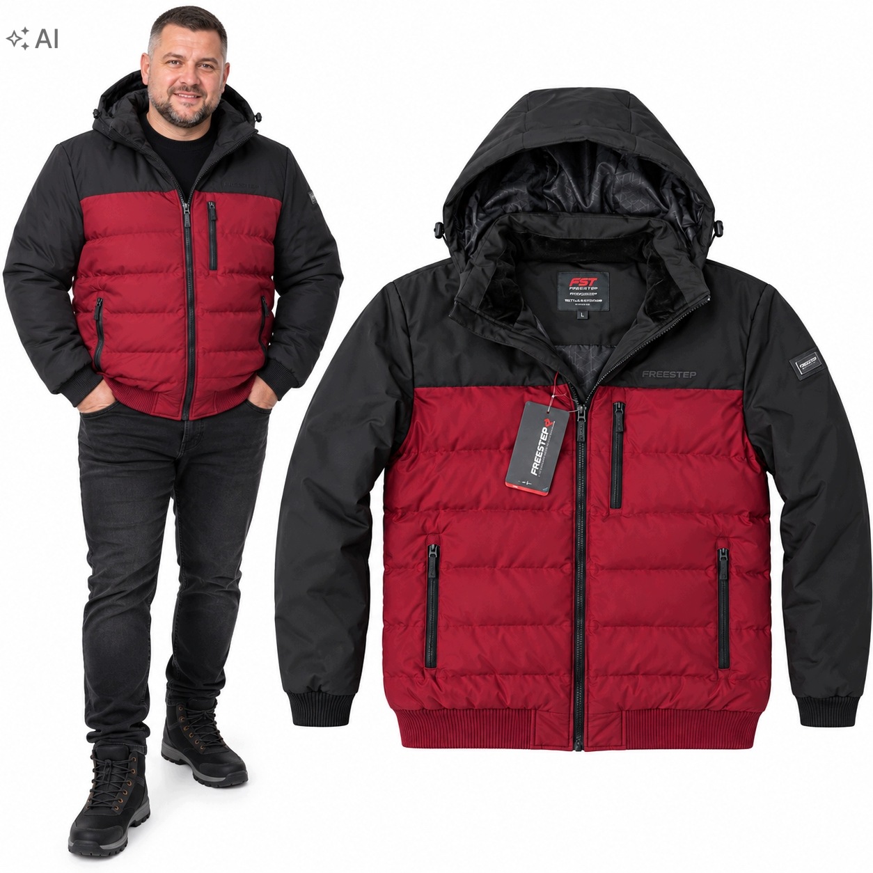 Zimní Bunda pánská velká velikost prošívaná teplá s kapucí Bordó 5XL