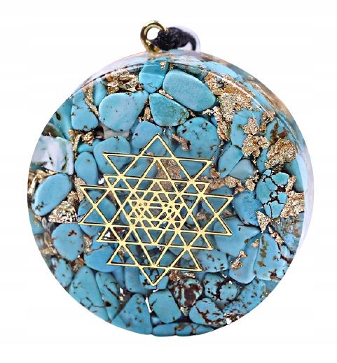 Piękny Naszyjnik Orgonit Turkus Złota Folia Śri Jantra Uziemienie Czakry