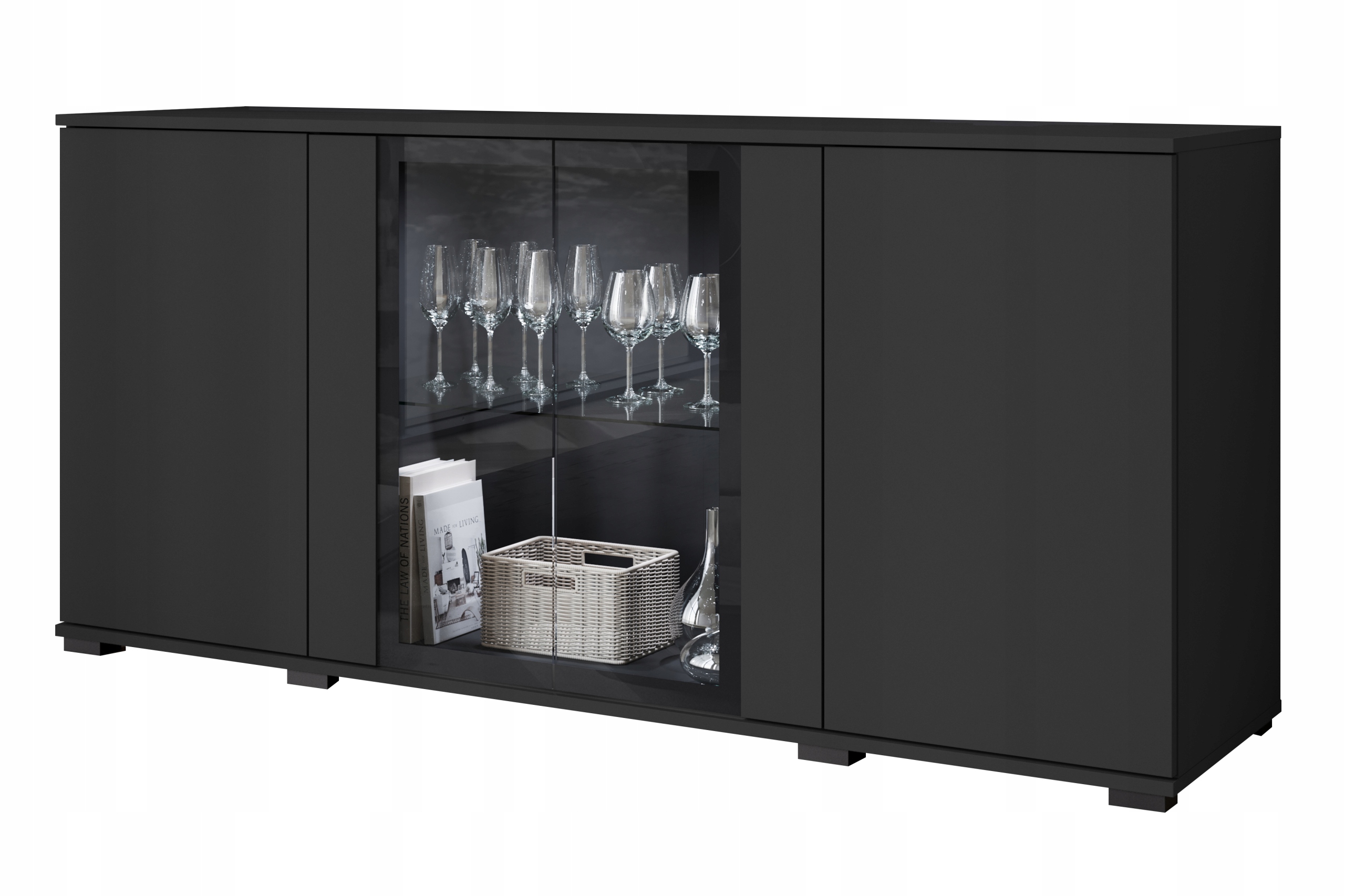 Moderní čtyřdveřová komoda Caro 150 cm, vitrína, skleněné police