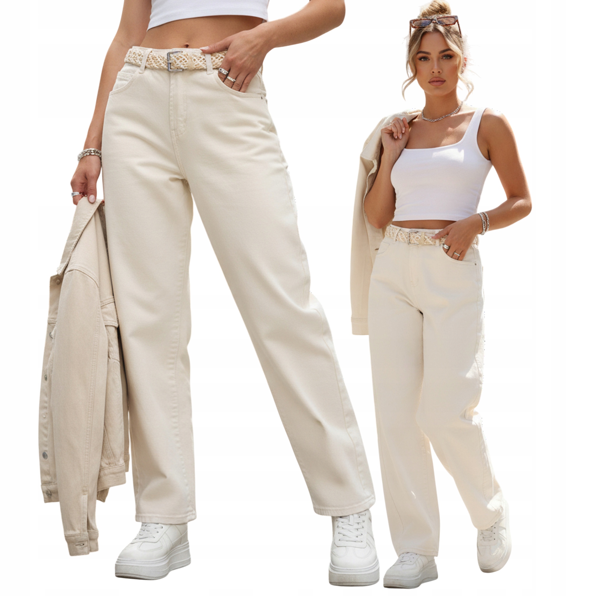 Jeansy damskie baggy z wysokim stanem beżowe UY2931 M