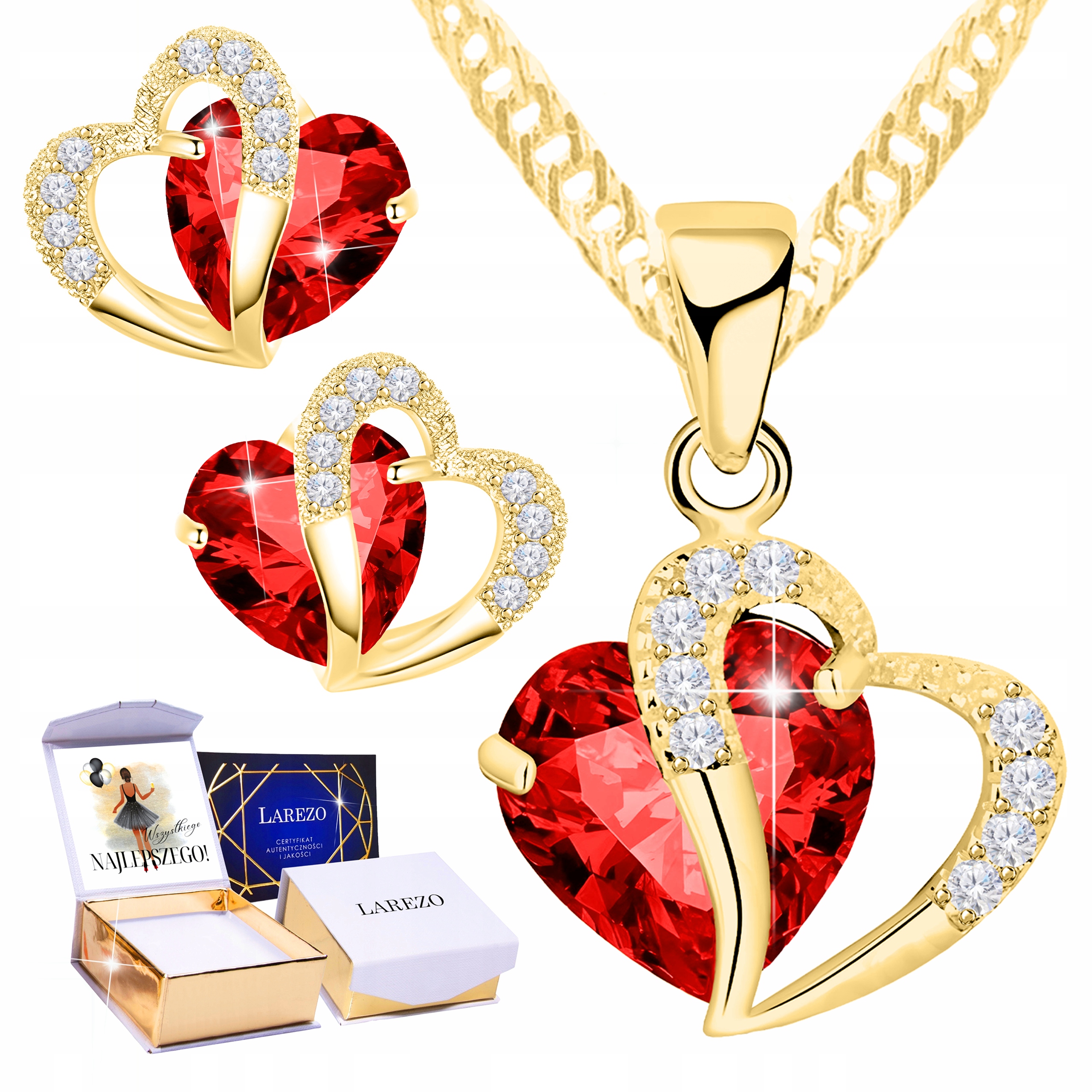 Zlatý náhrdelník a Zlaté Náušnice Šroubky Červené Křišťálové Srdce Potisk