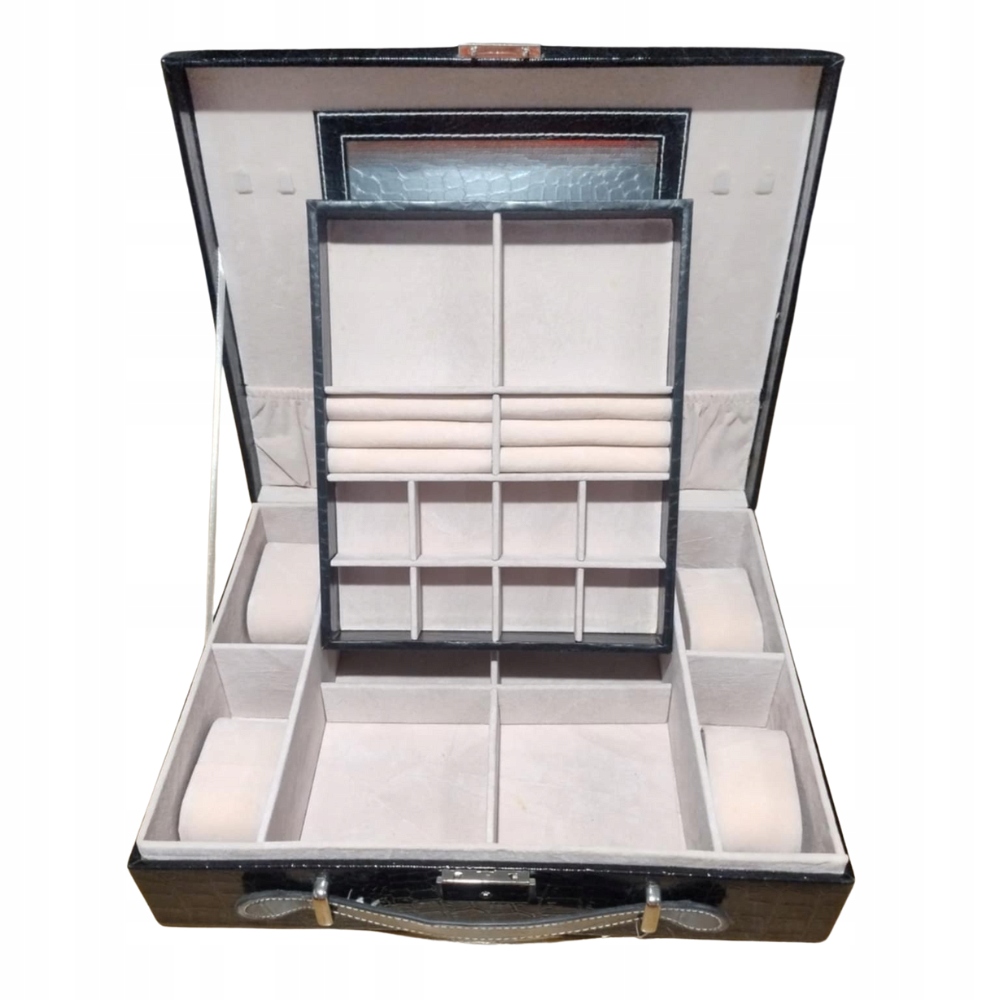 Kufřík šperkovnice na bižuterii a hodinky – černý lakovaný krokodýl