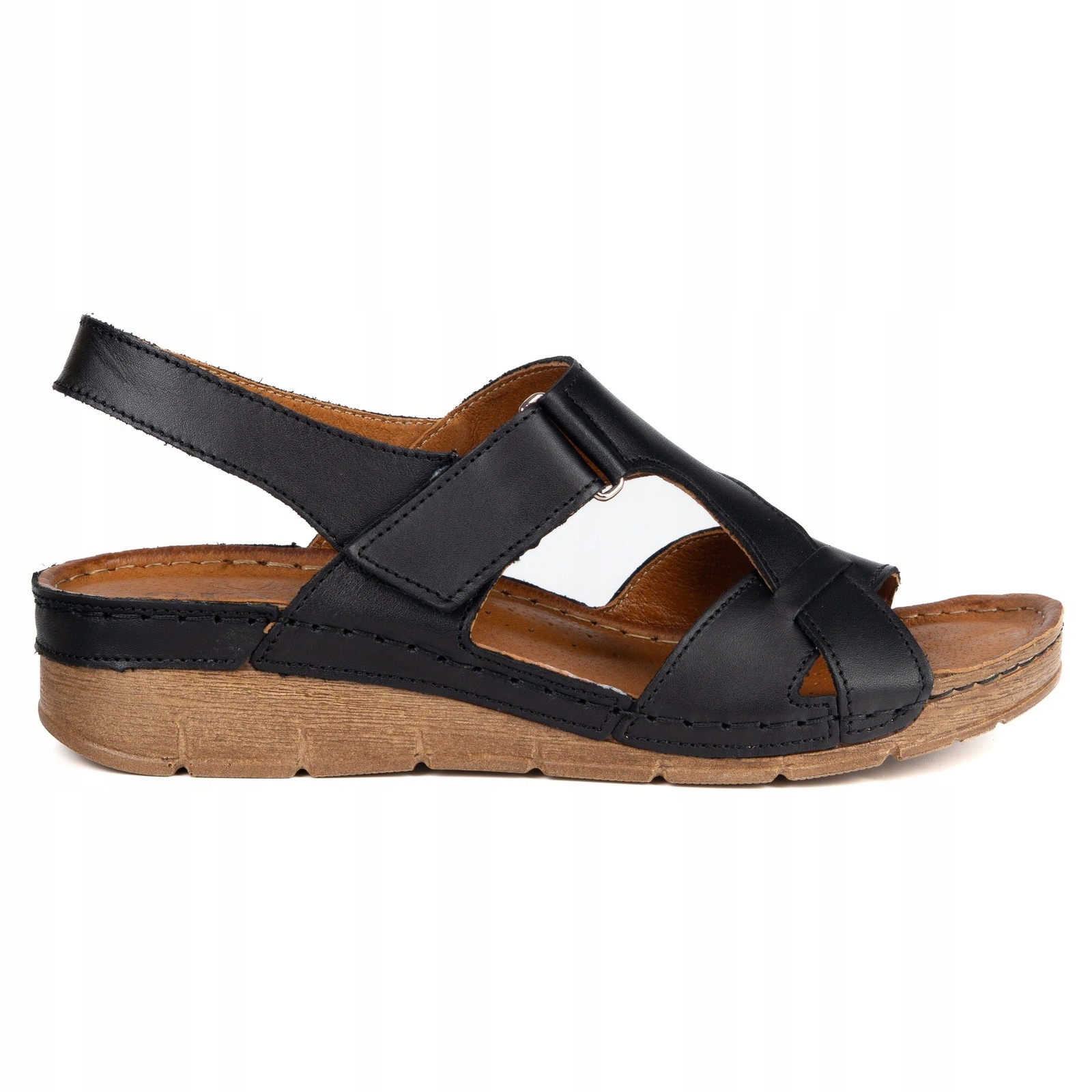 Dámské kožené sandály na podpatku Olivier Maris 908STL na suchý zip, černé, velikost 36