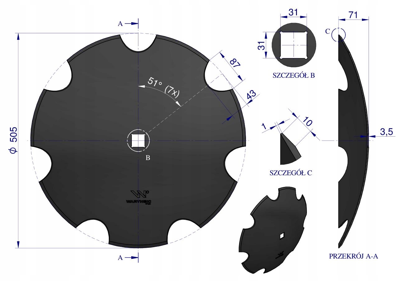 Talerz uzębiony Z-7 fi 510 otwór 30x30 stal borowa WARYŃSKI R 1242050040 12 Producent części Waryński