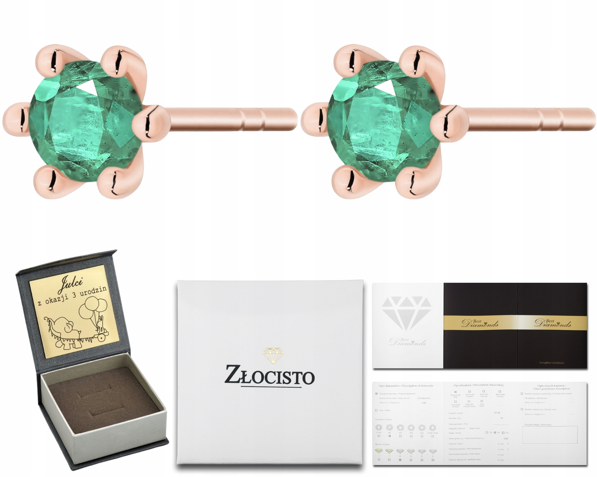 Růžové Zlato Náušnice Na Tyči Se Zelenými Smaragdy 585 Zlato