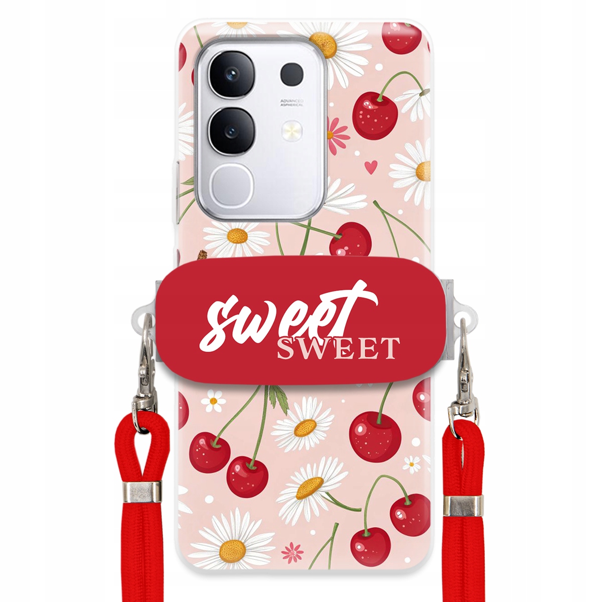 pouzdro na Vivo Y29 4G Červené vodítko držák Sweet Sweet Višeň a sedmikráska