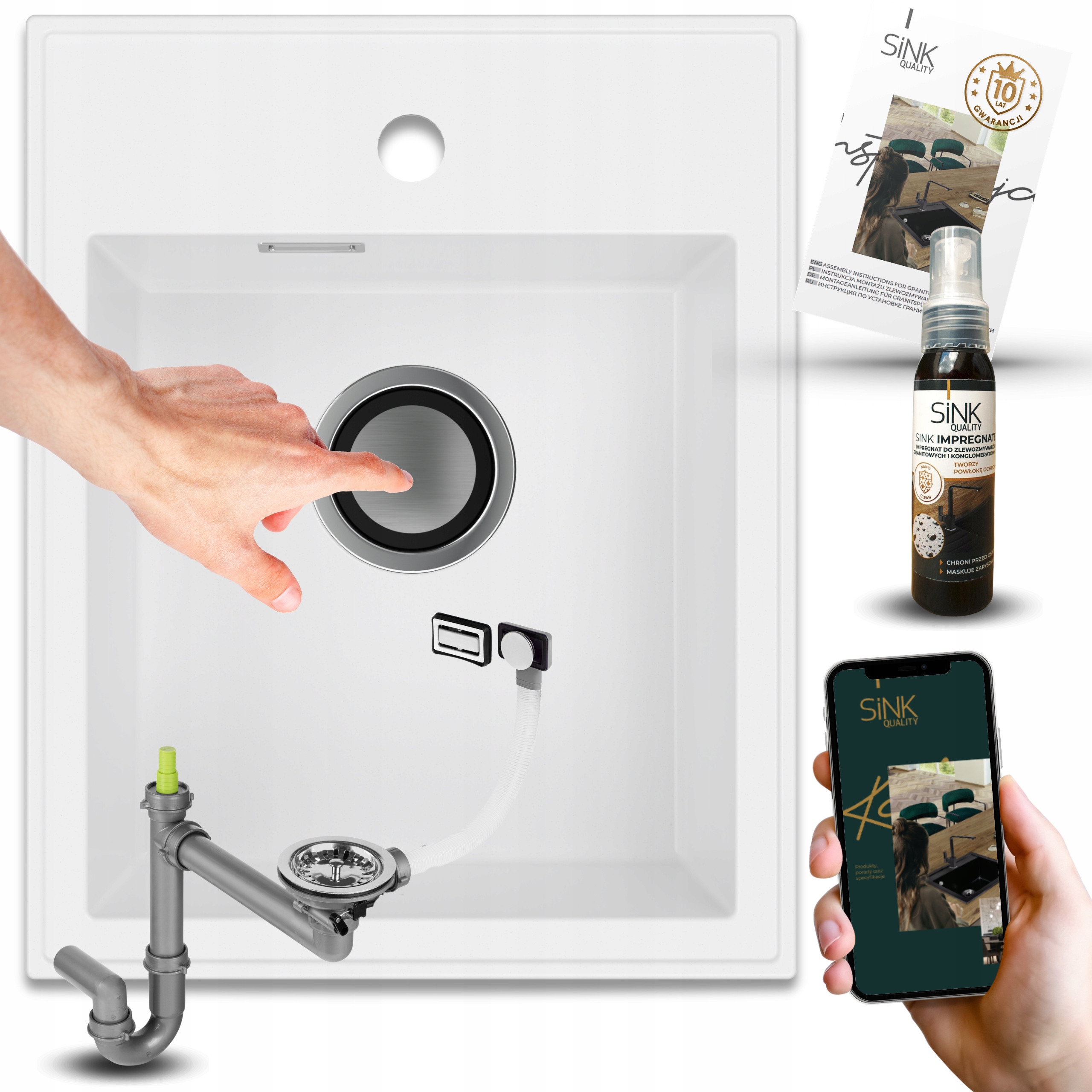 Umývadlo Jednokoromové, Granitový Biely Sifón Klik Klak Impregnácia