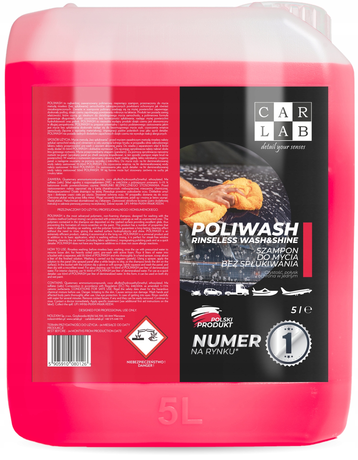 CARLAB POLIWASH RINSELESS RED SZAMPON BEZ SPŁUKIWANIA DO MYCIA AUTA 5L Producent Carlab