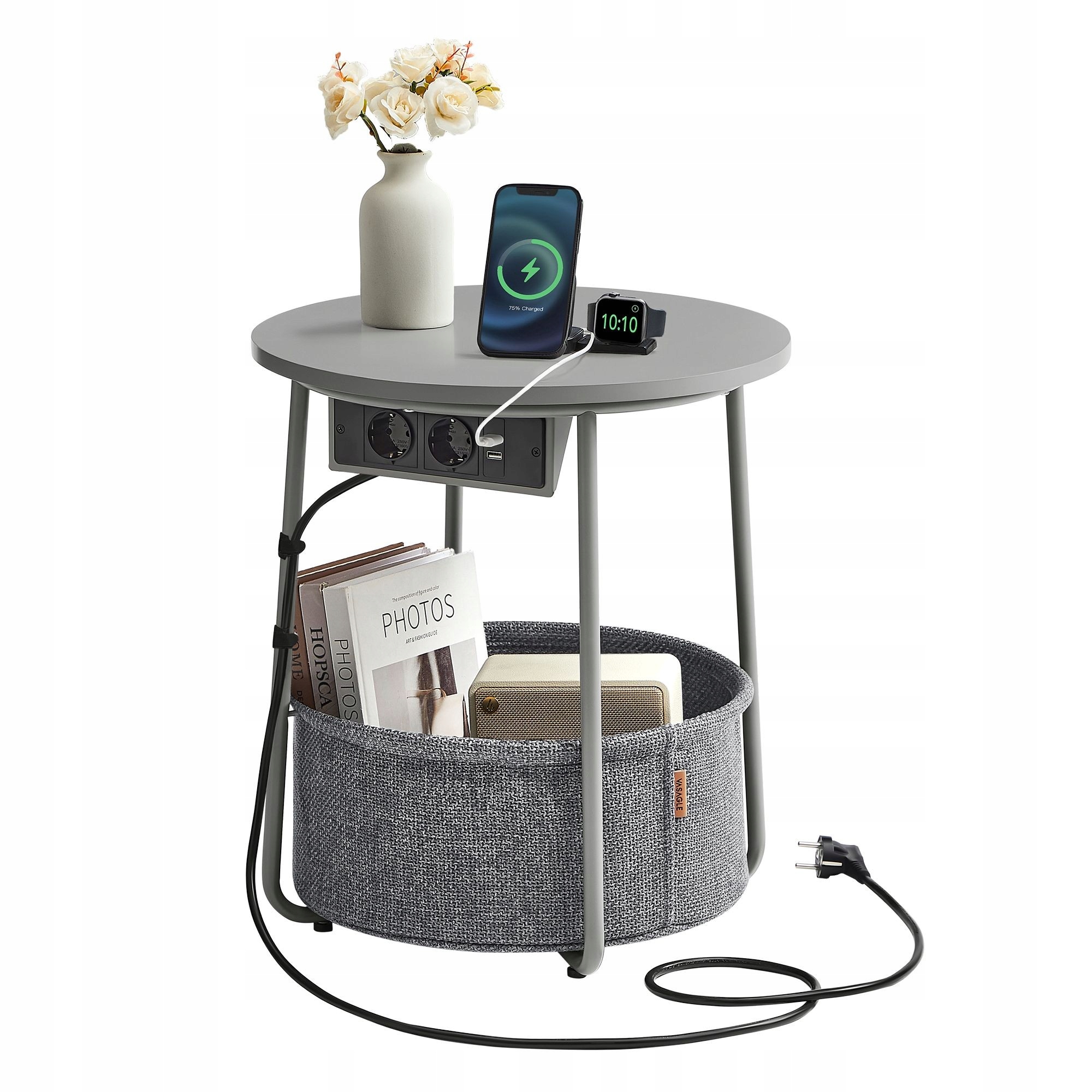 Funkčný šedý konferenčný stolík s novinovým stolíkom a napájacou lištou