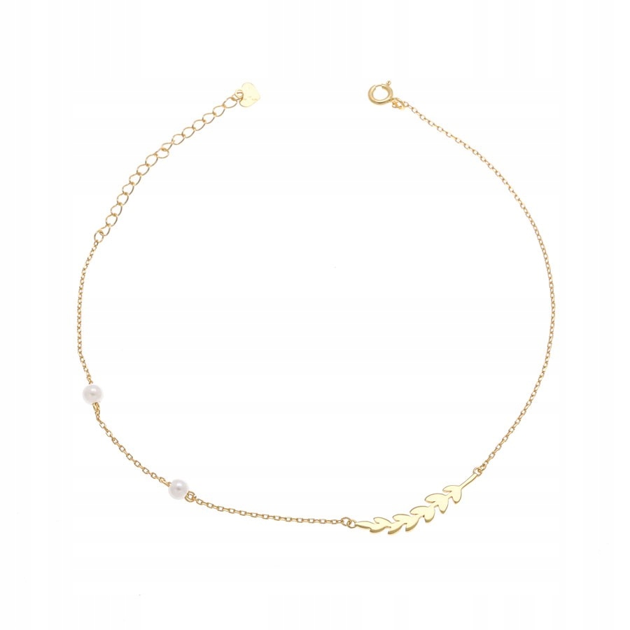 Bransoletka na nogę złocona 925 z listkiem i perełkami