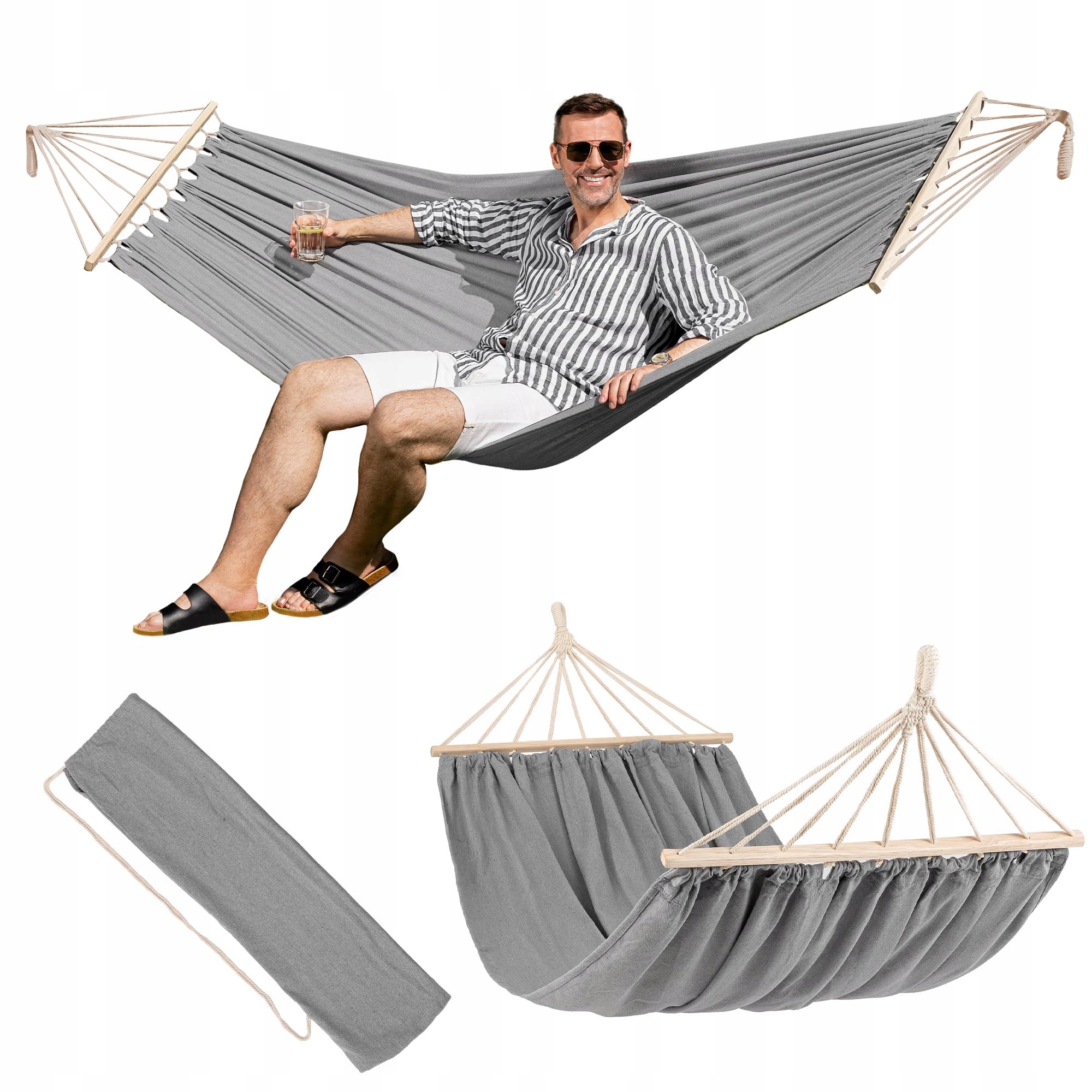 Duży hamak ogrodowy dwuosobowy Lecco z drążkiem mocny zestaw pokrowiec