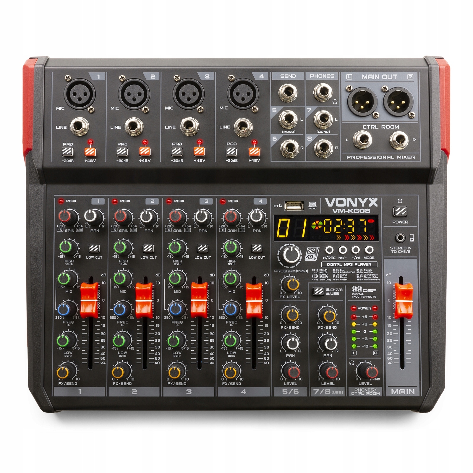 Vonyx VM-KG08 8-kanálový audio mixážní pult Rec Bt Dsp Usb Phantom +48V