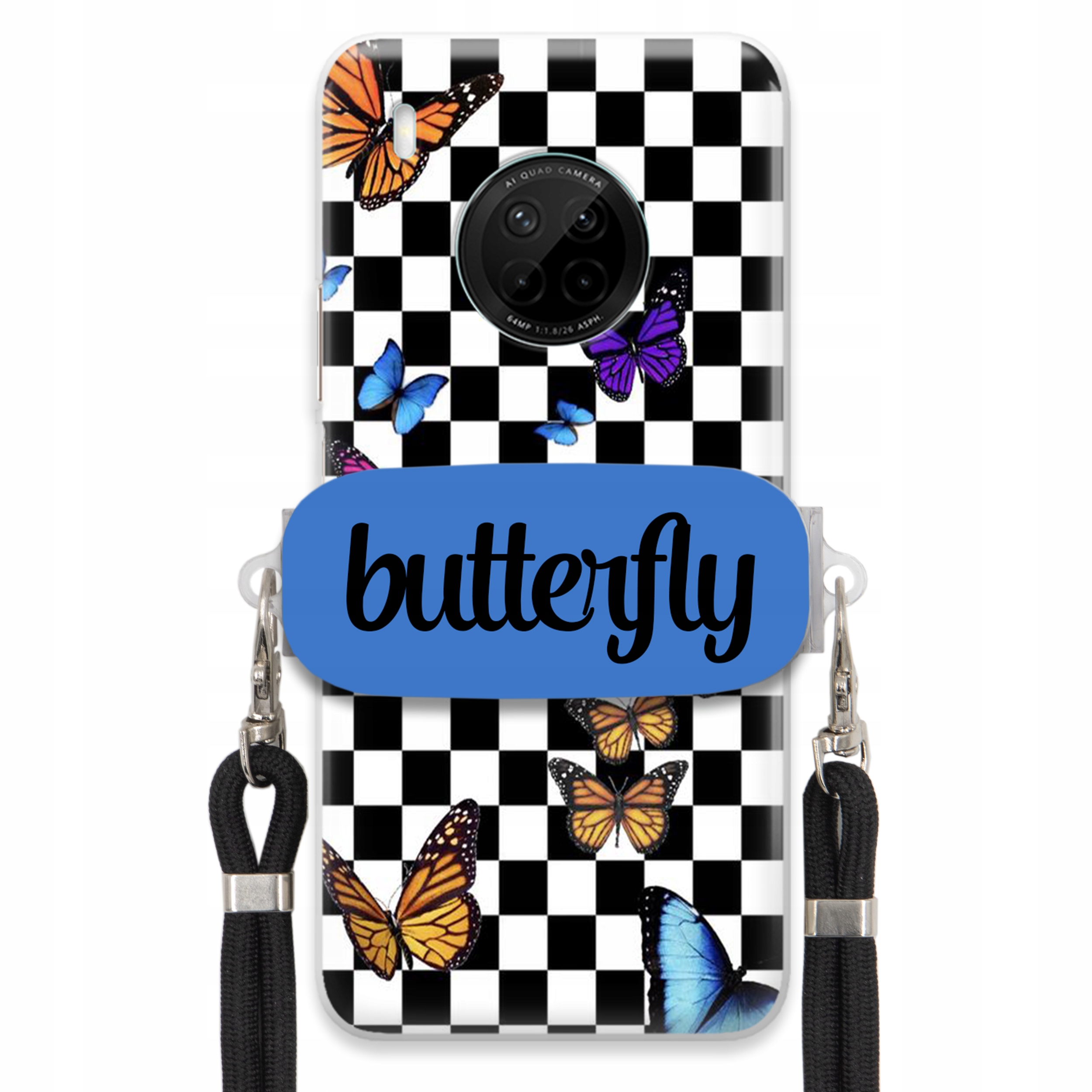 Puzdro Pre Huawei Y9a Case Držiak Obdĺžnikový Čierny Smyč Butterfly Motýle