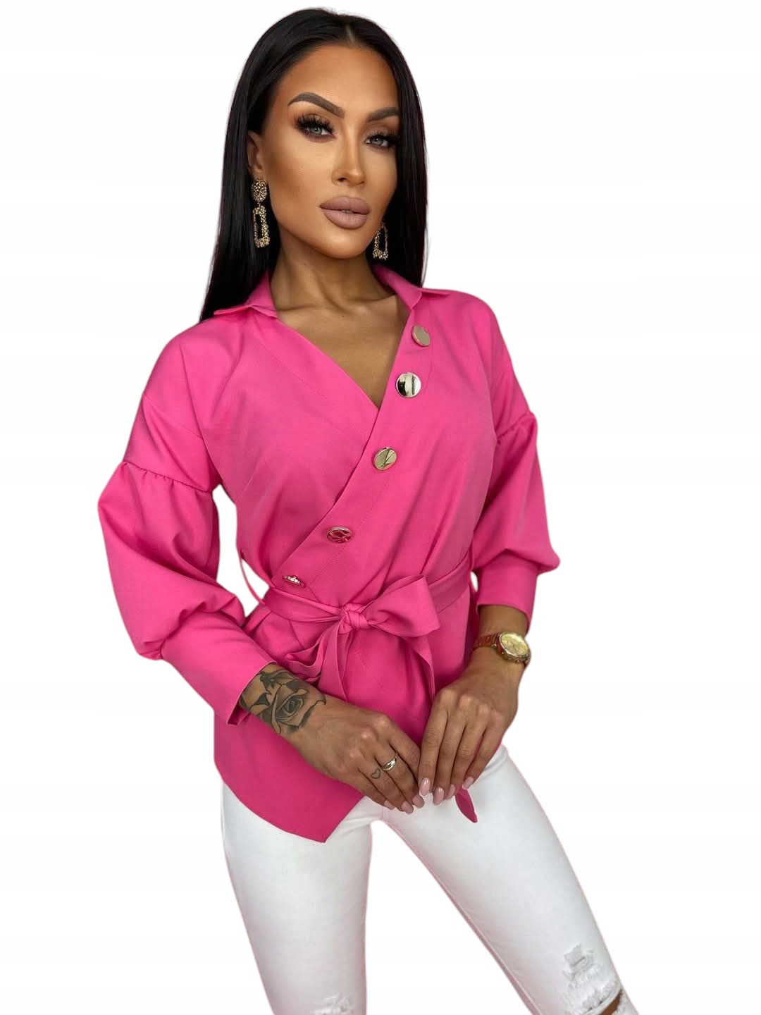 Koszula damska kopertowa z paskiem i złotymi guzikami| Polska produkcja|