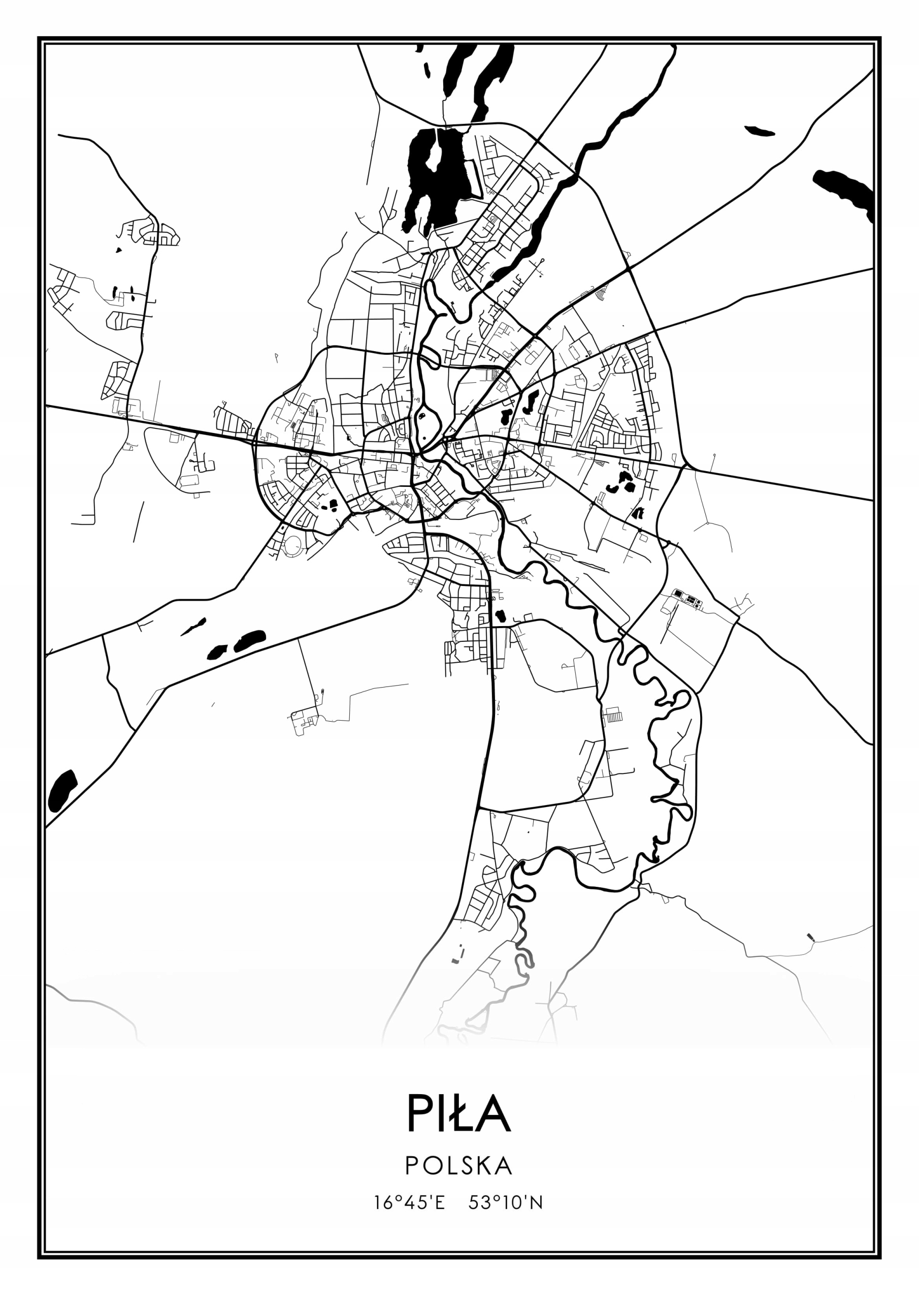 

Mapa czarno biała plakat Piła rozmiar A3