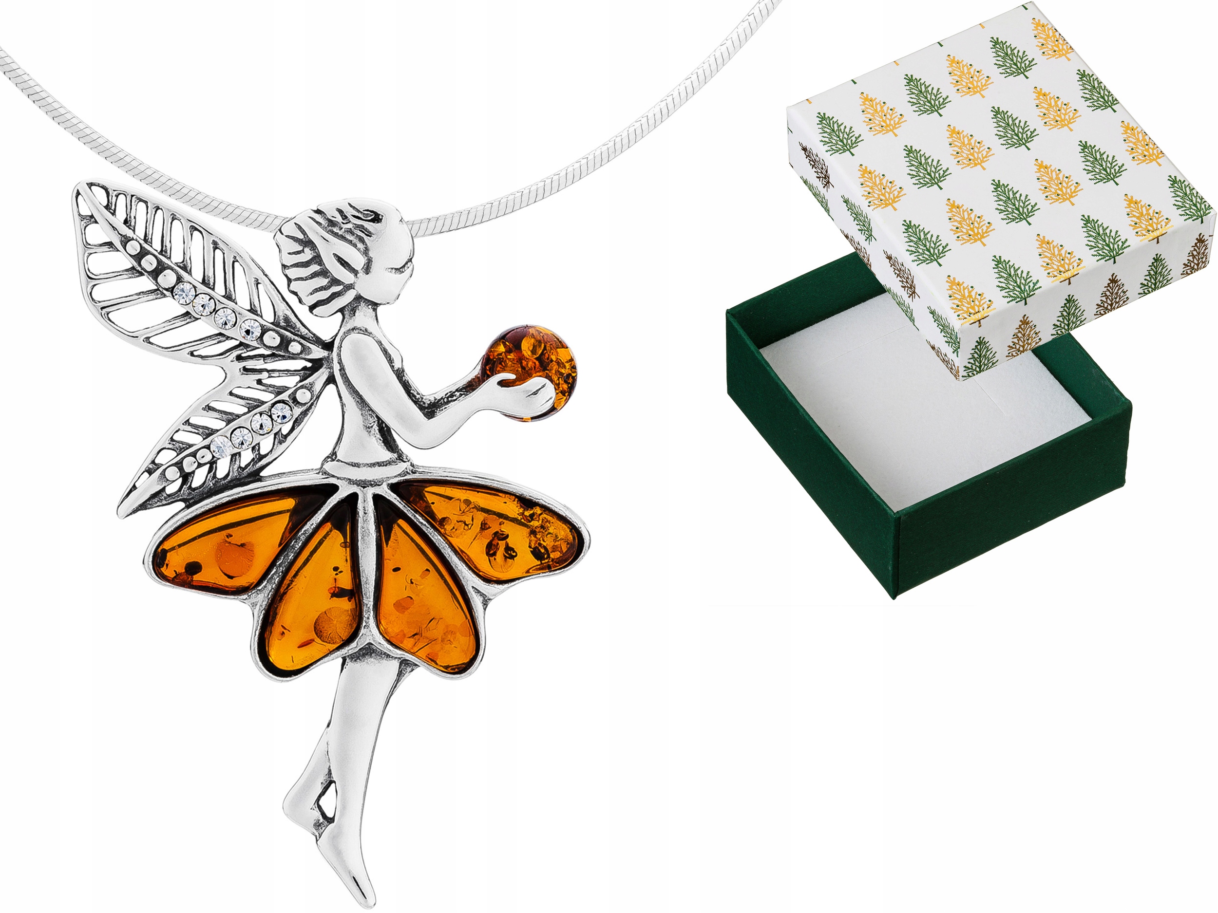 Stříbrný náhrdelník Elf Přívěsek s jantarem Kulička Přívěsek Řetízek 35 cm