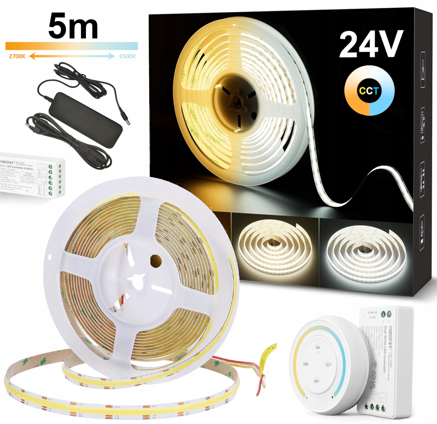 Led pásik 5 m Cob Cct 24V S Variabilnou Farbou 2700K-6500K Ovládač Napájací Zdroj