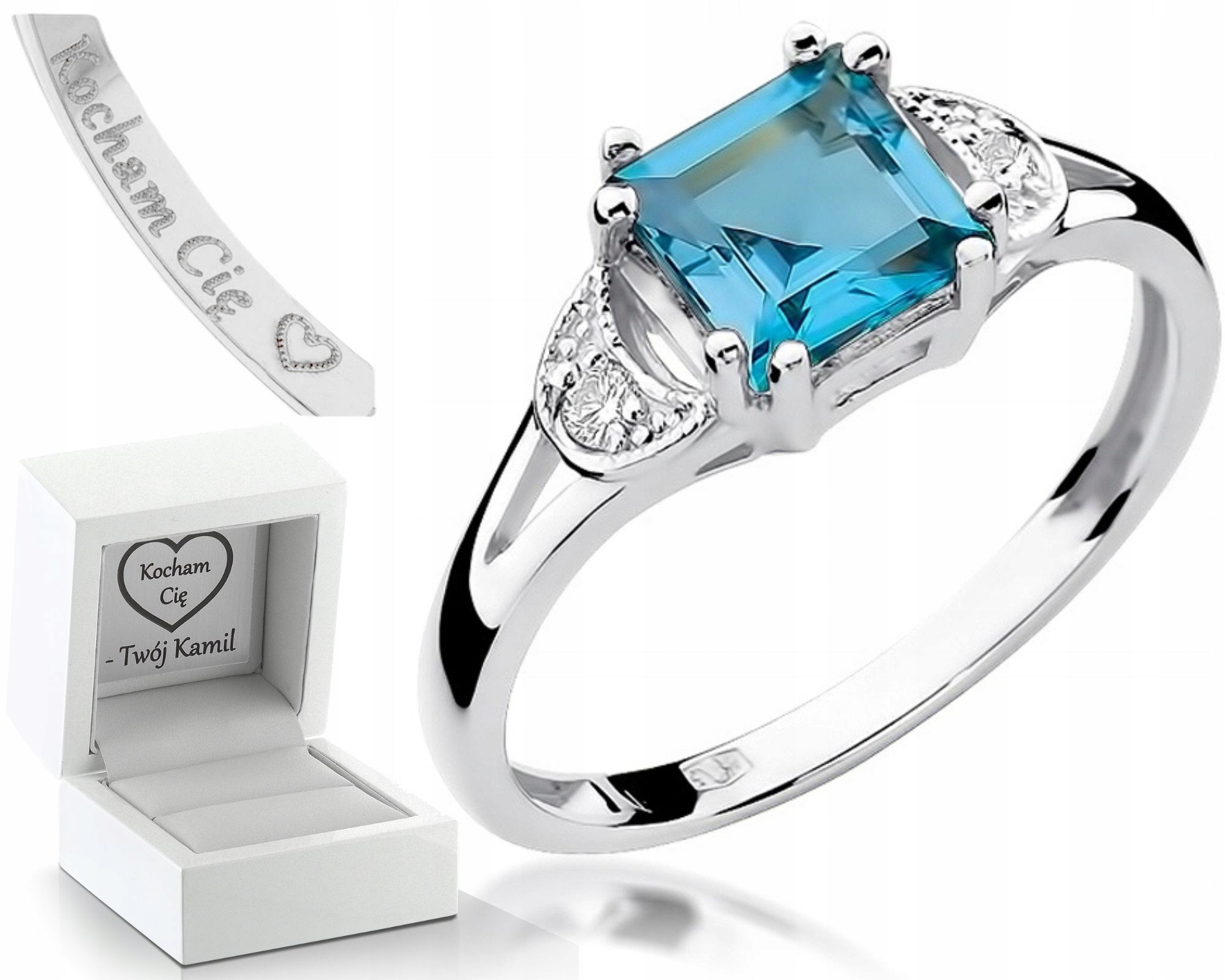 Prstýnek Topaz Brilianty 585 Bílé Zlato Gravírování