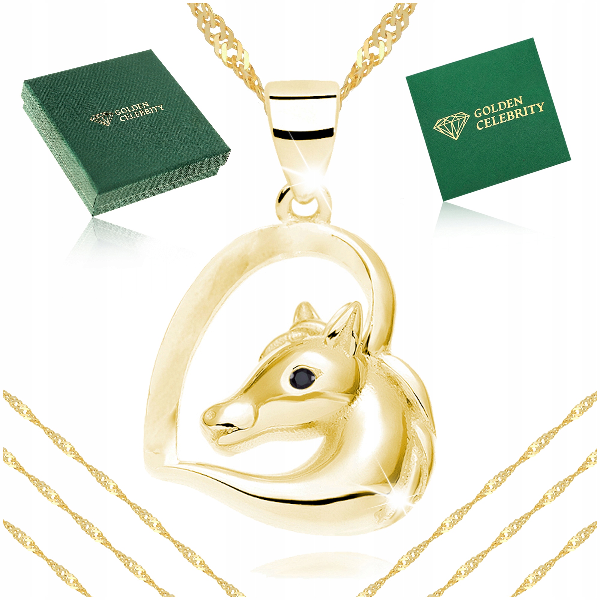 ZŁOTY ŁAŃCUSZEK SINGAPUR+ZAWIESZKA KOŃ SREBRO 925 ZŁOTO 585 ZŁOCONY PREZENT