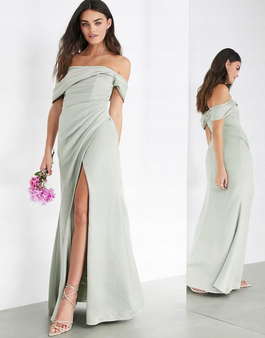 Šaty Maxi Saténové Zelené S Odhalenými Rameny 36 S Šm S