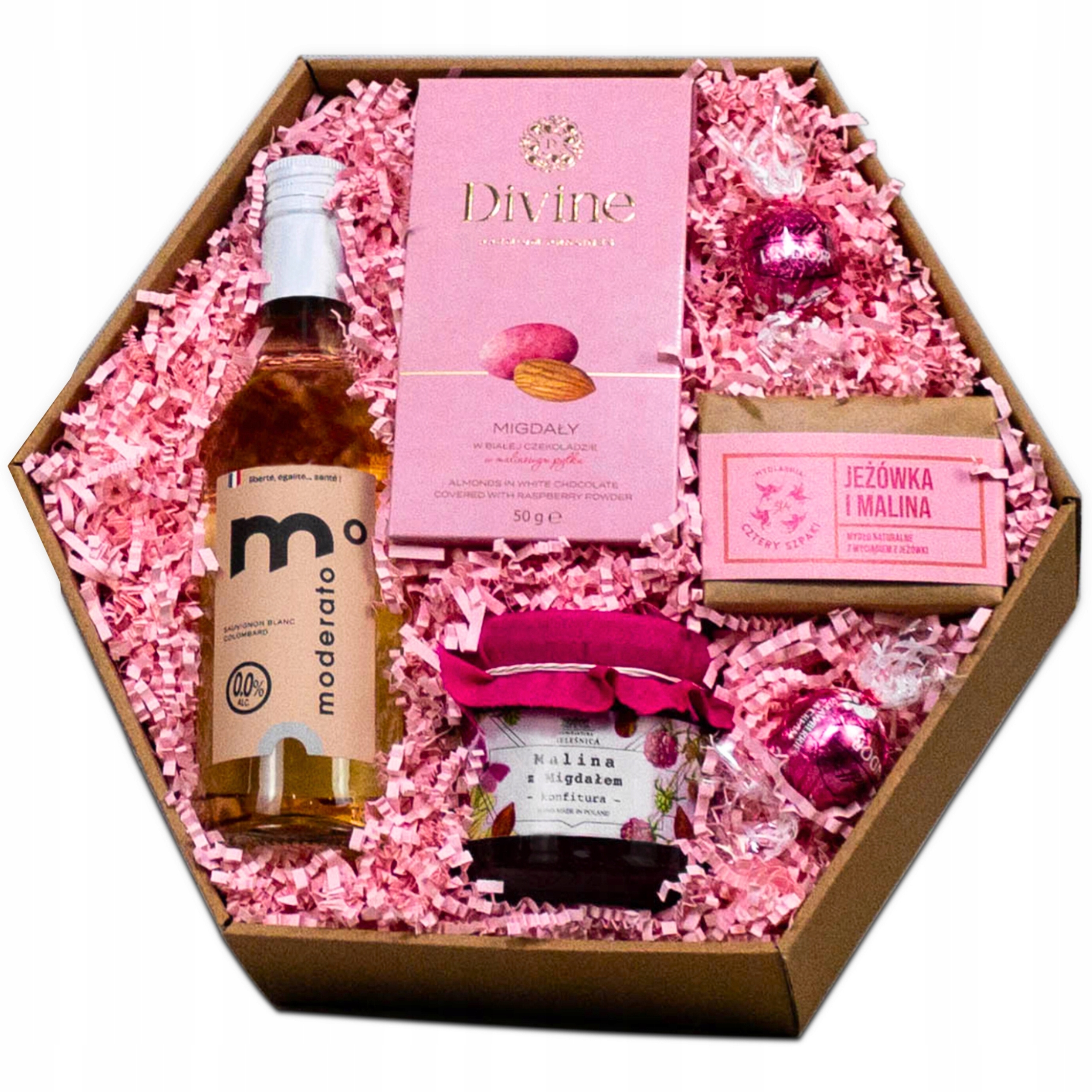 Levně Dárkový Box pro ženu Víno Mýdlo 4 Špačci Zavařenina Mandle Lindt