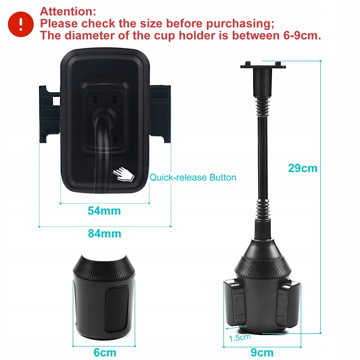 DBREAKS Uchwyt Samochodowy Na Telefon Do Uchwytu Na Kubek Do 8.4CM Czarny — miniatura 2