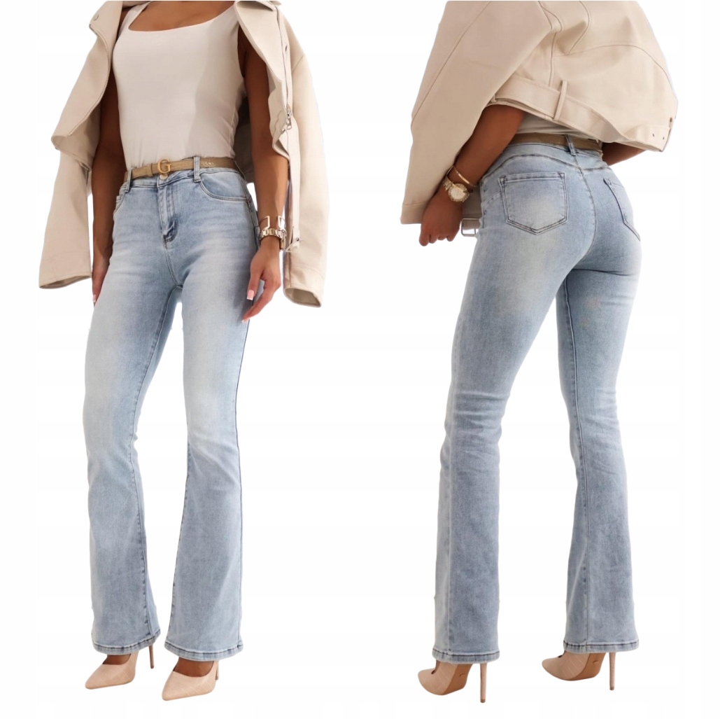 M.Sara Spodnie Jeansy Dzwony Push Up Z Paskiem