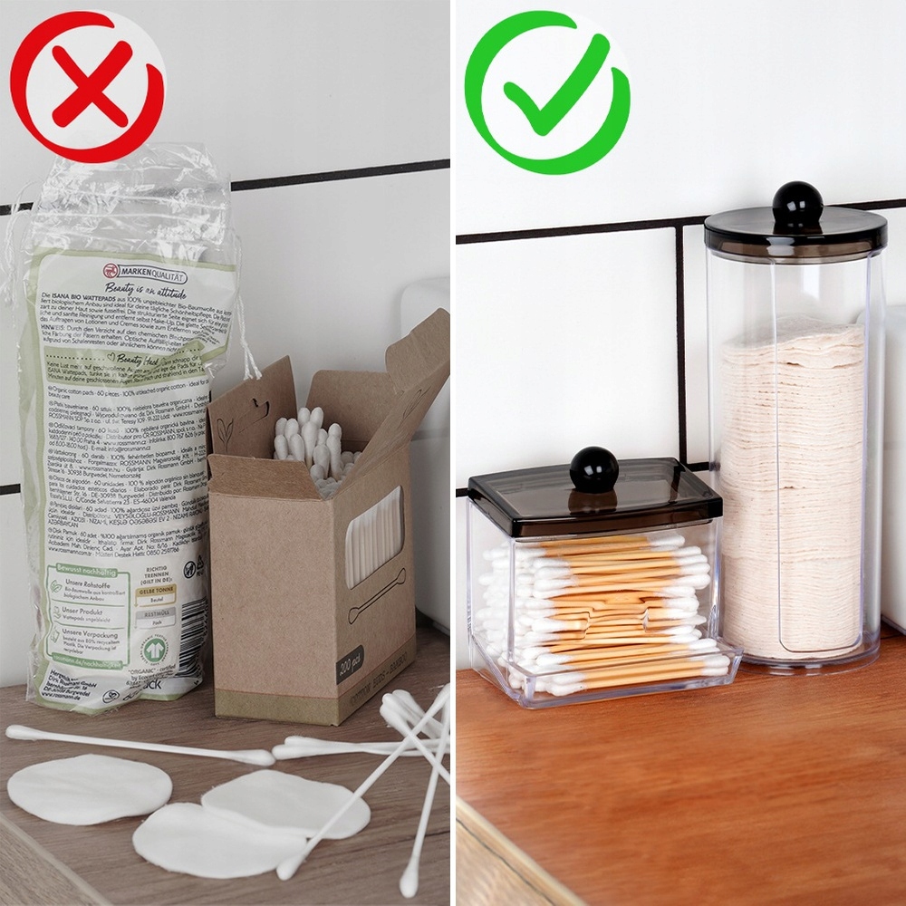 2x Pojemnik ŁAZIENKOWY organizer patyczki płatki kosmetyczne higieniczne Kolor czarny przezroczysty