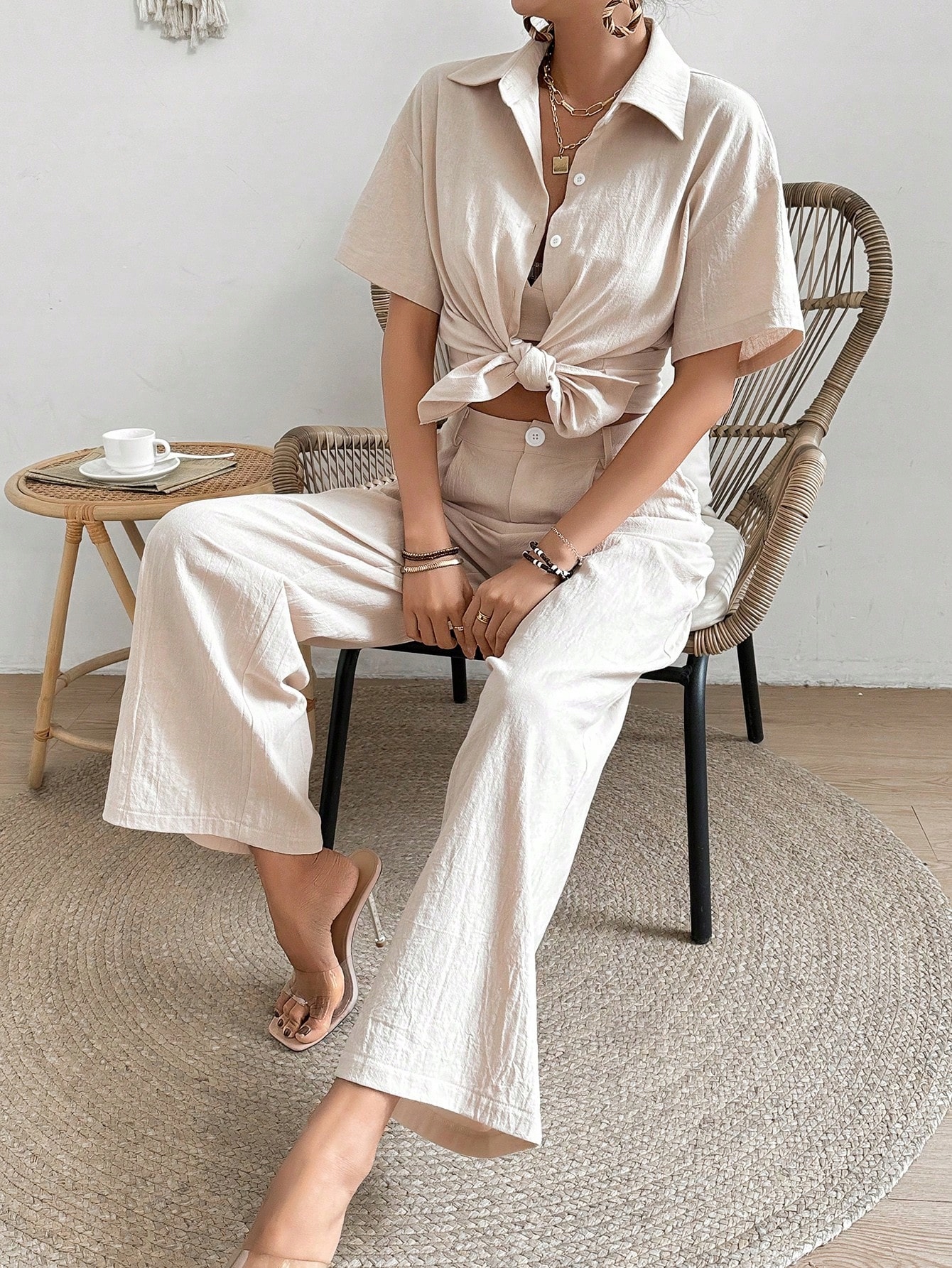 Letní Komplet Top Crop Košile A Kalhoty Béžová Casual Shein L 40